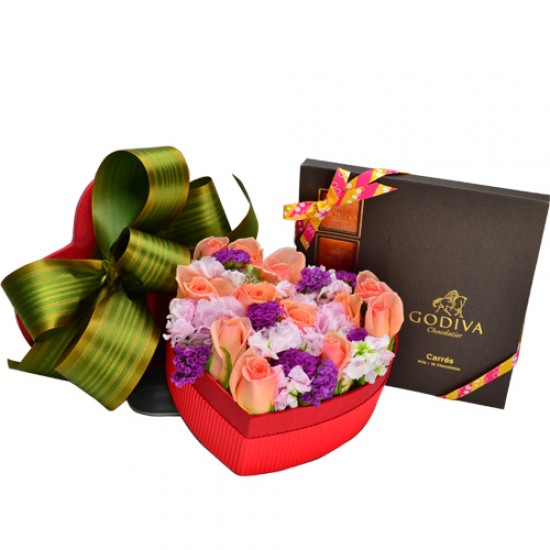 One Dozen Roses in a Heart Shape Box with Godiva DARK Chocolate